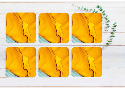 Gold Yellow Blue Abstract Design Coasters Wood & Rubber - Set of 6 Coasters