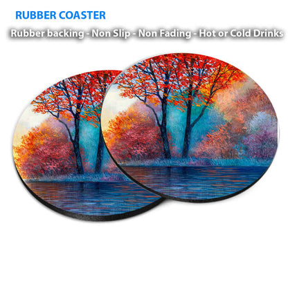 Red Maple Lake Painting Coasters Wood & Rubber - Set of 6 Coasters