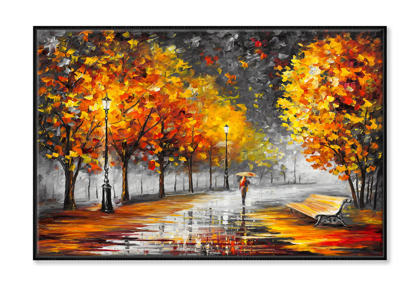 Girl Walking on Autumn Trees Road Watercolor Painting Wall Art Limited Edition High Quality Print Canvas Box Framed Black