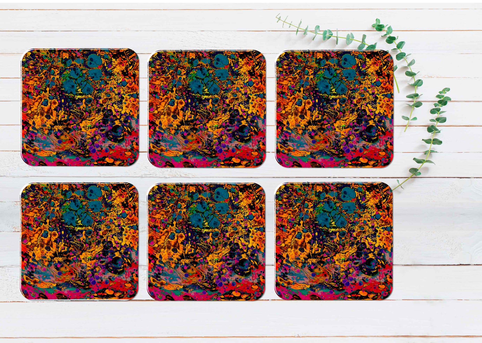 Colorful Red Watercolor Abstract Coasters Wood & Rubber - Set of 6 Coasters