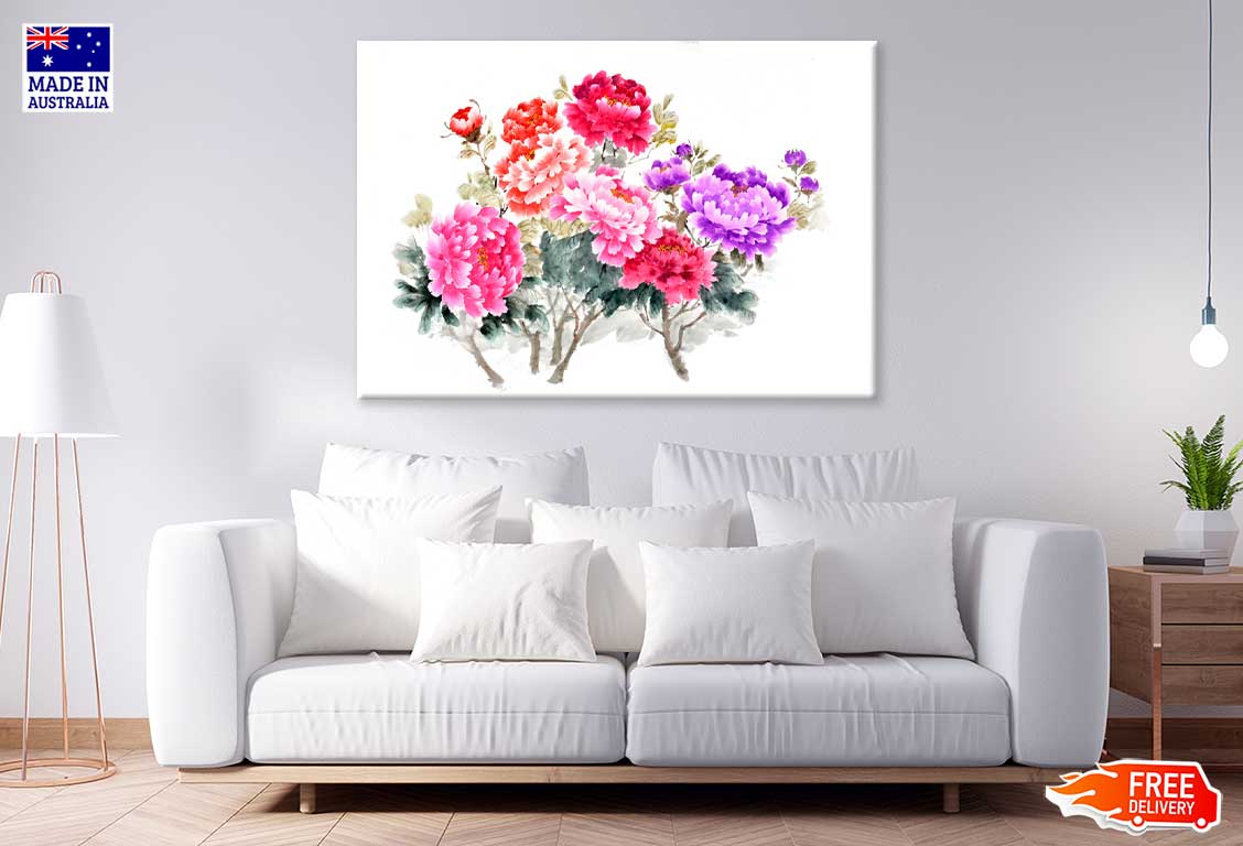 Colorful Peony Flowers Watercolor Painting Print 100% Australian Made