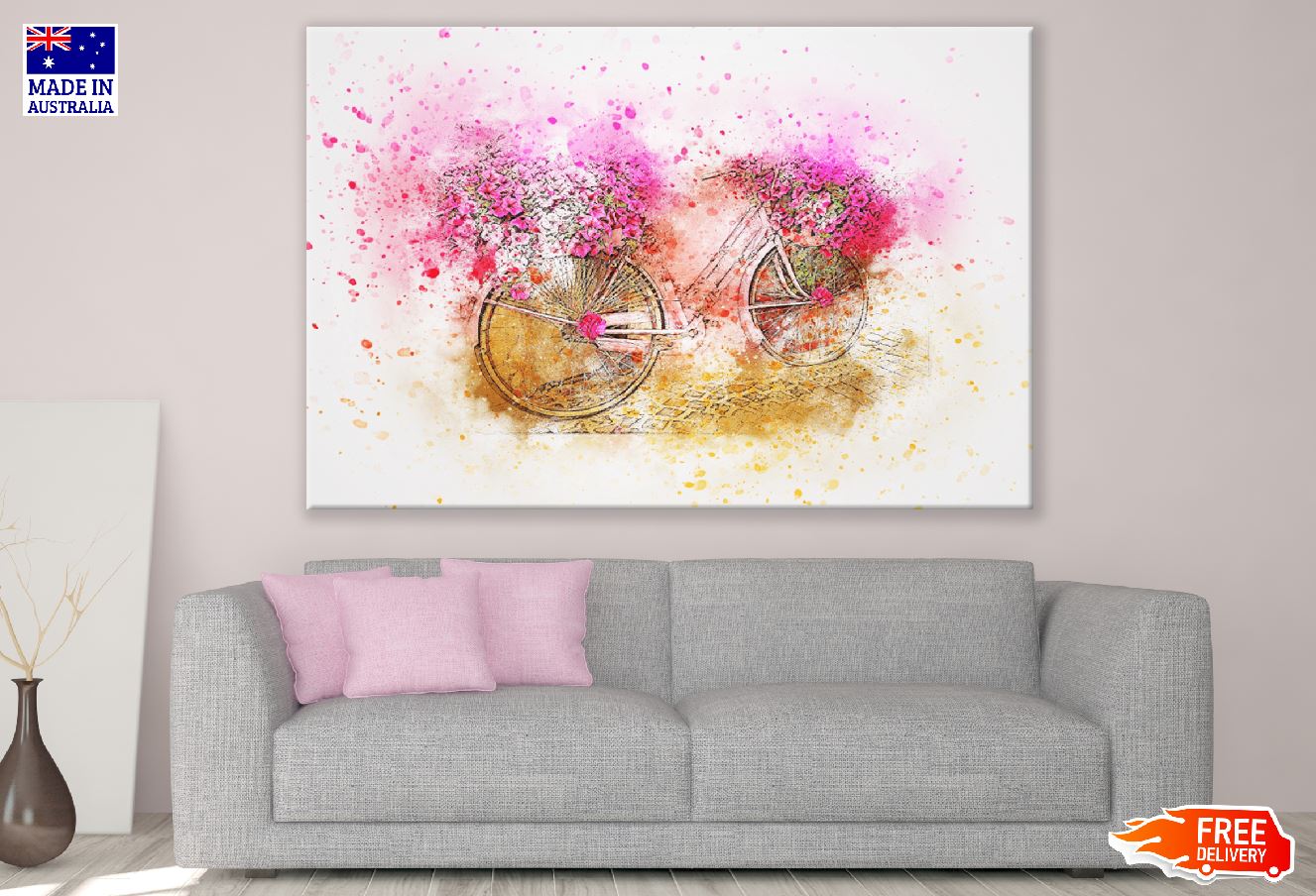 Bisycle with Flowers Abstarct Watercolor Painting Print 100% Australian Made