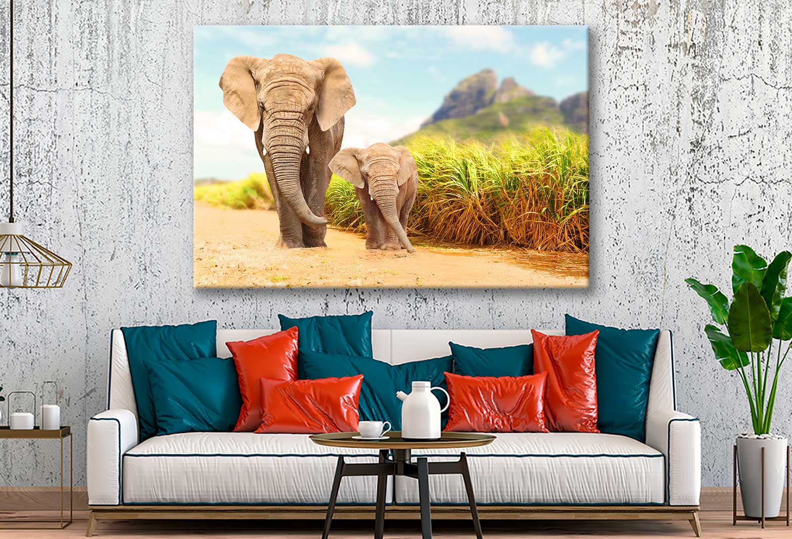 Bella Home Elephant & Calf Walking Together Print Canvas Ready to hang