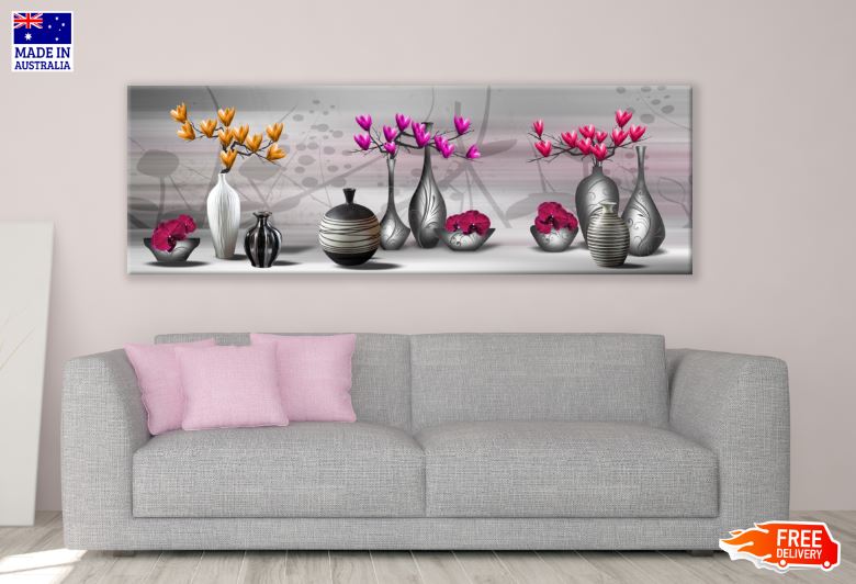 Panoramic Canvas Pink & Orange Flower Vase Digital Art Design High Quality 100% Australian Made Wall Canvas Print Ready to Hang