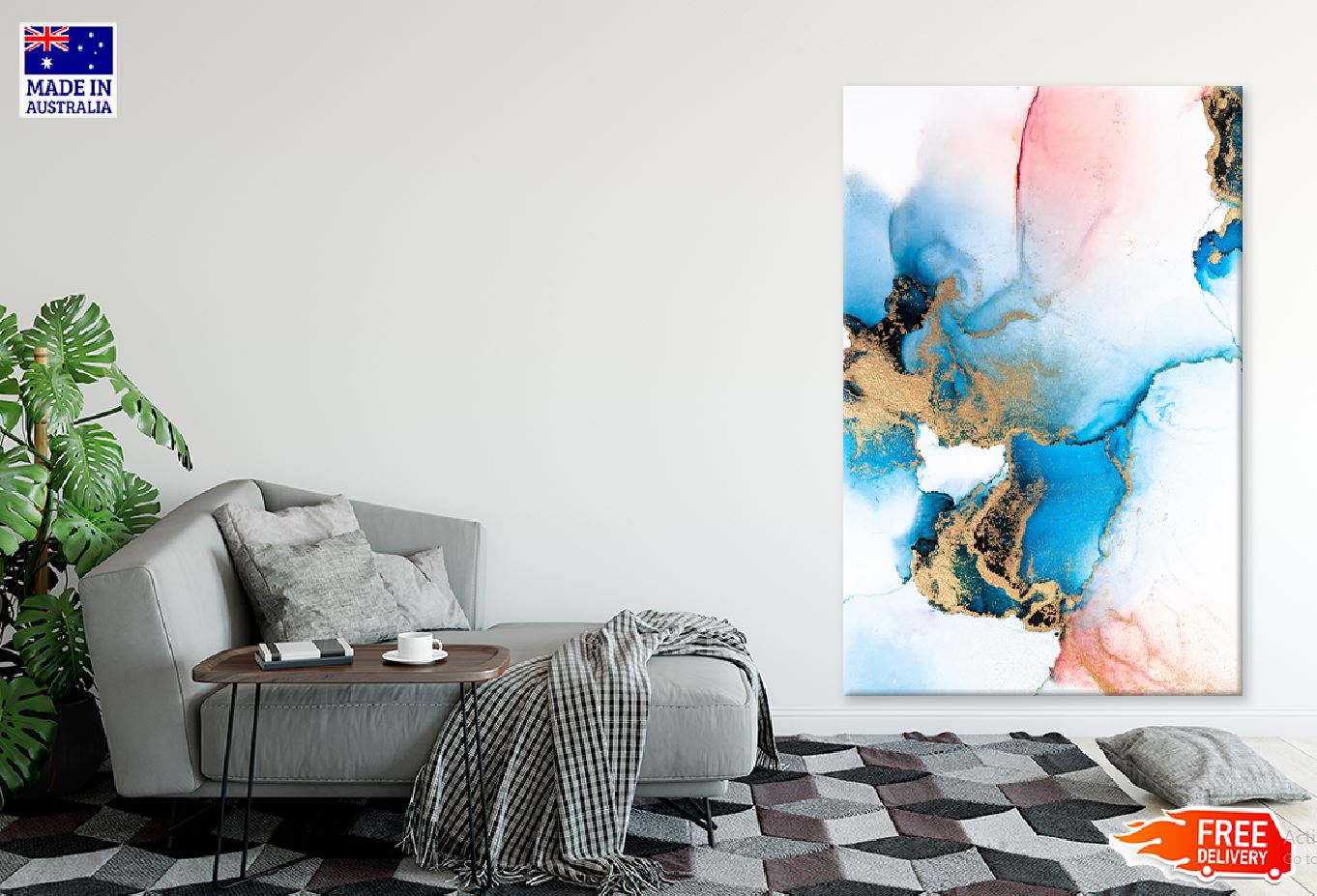 Blue Pink & Gold Fluid Abstract Design Print 100% Australian Made