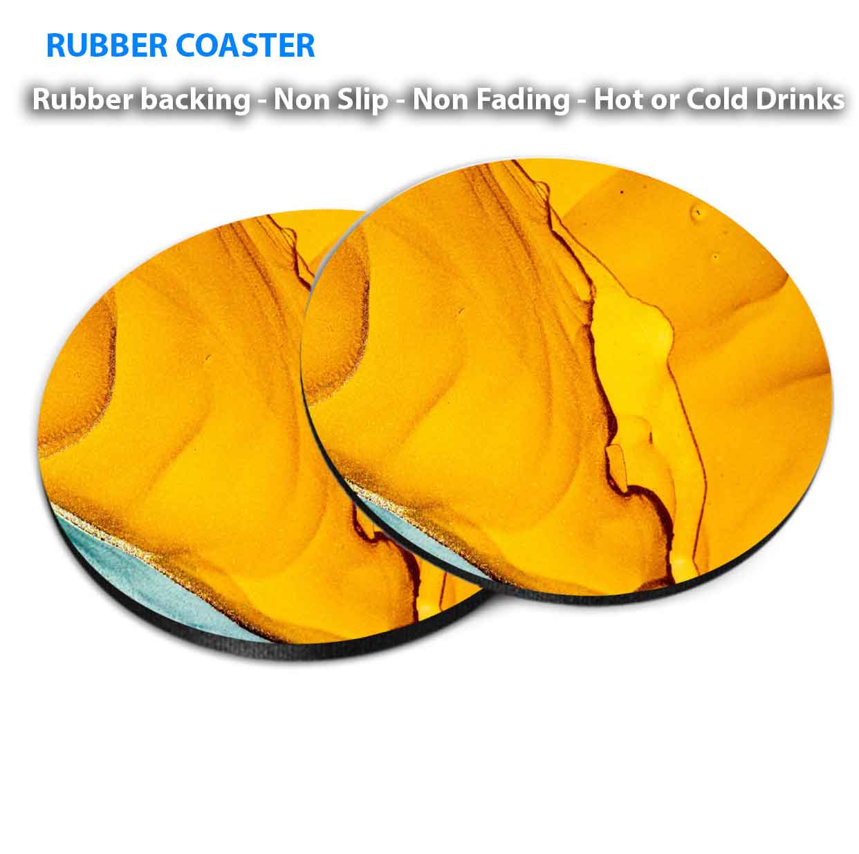 Gold Yellow Blue Abstract Design Coasters Wood & Rubber - Set of 6 Coasters
