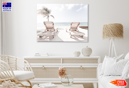 Chairs On Sea Shore & Plam Trees View Print 100% Australian Made