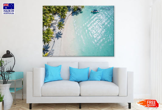 Boat on Blue Sea with Palm Trees Photograph Print 100% Australian Made