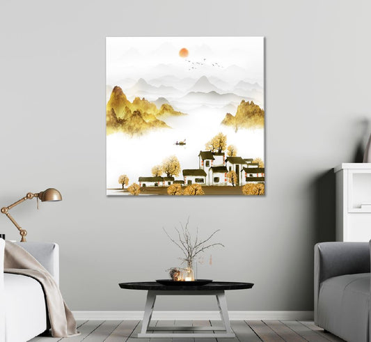 Square Canvas Misty Jiangnan Landscape Vector Art High Quality Print 100% Australian Made