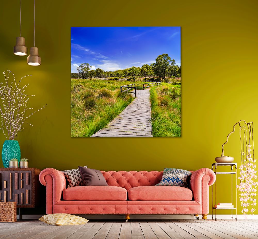 Square Canvas Lush Grass Field & Boardwalk View Photograph High Quality Print 100% Australian Made