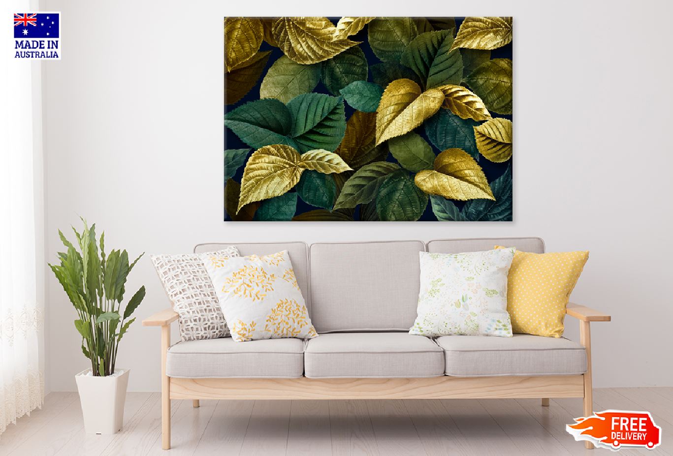 Metallic Gold Green Leaves Vector Art Print 100% Australian Made