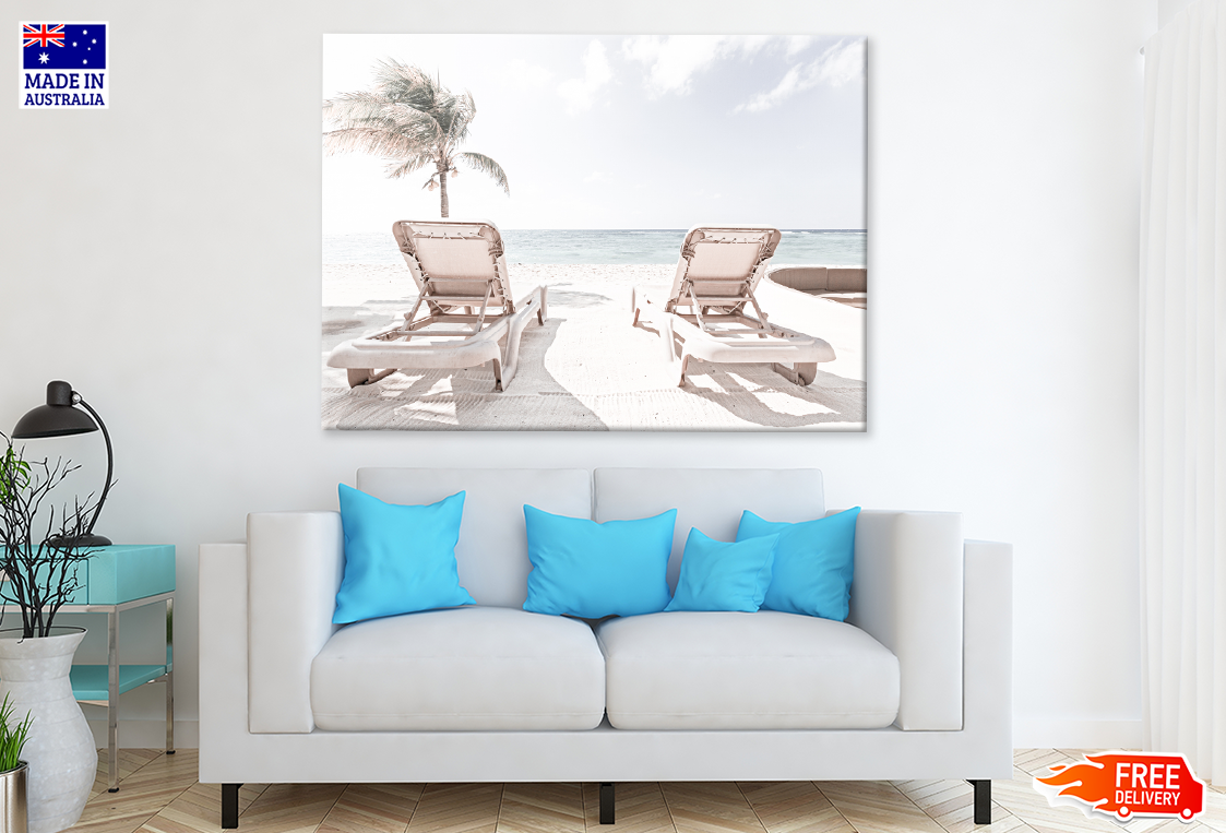 Chairs On Sea Shore & Plam Trees View Print 100% Australian Made