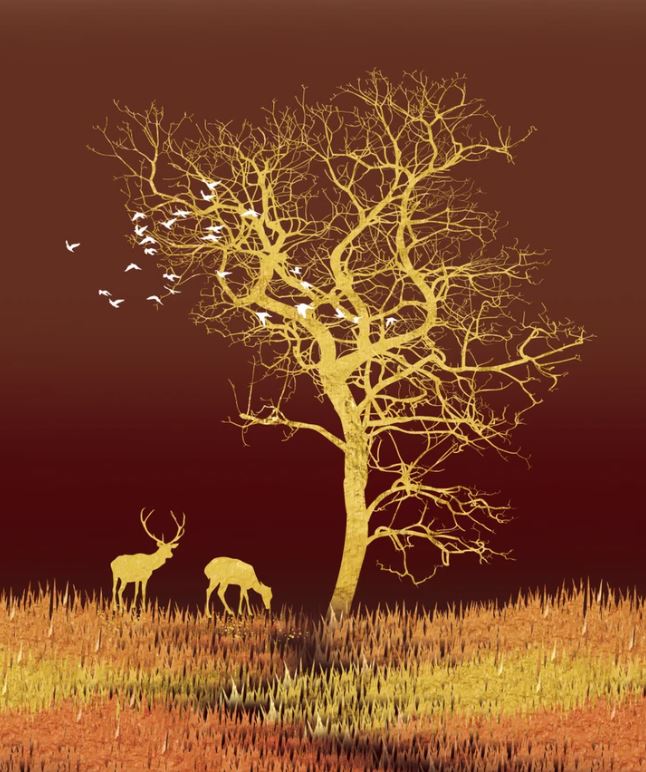 Tree & Deers Gold Abstract Design Home Decor Premium Quality Poster Print Choose Your Sizes