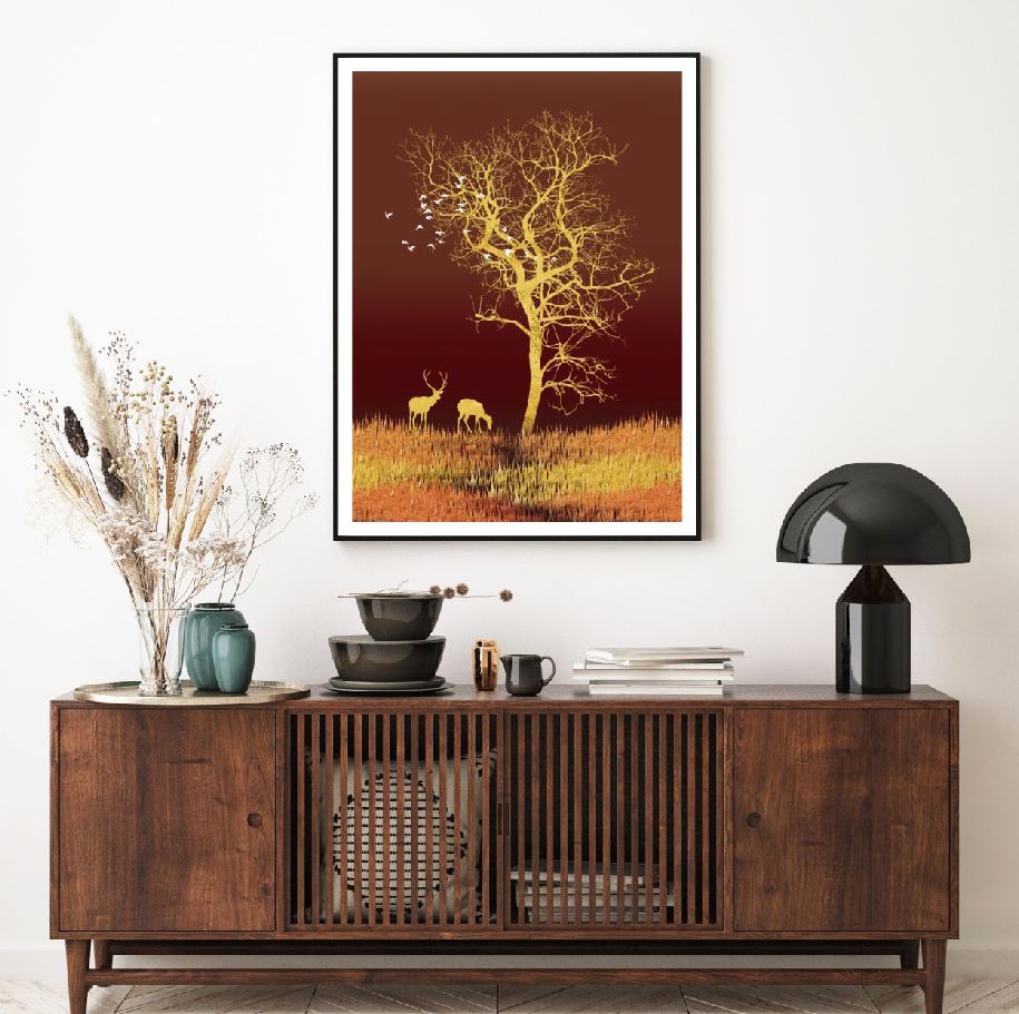 Tree & Deers Gold Abstract Design Home Decor Premium Quality Poster Print Choose Your Sizes