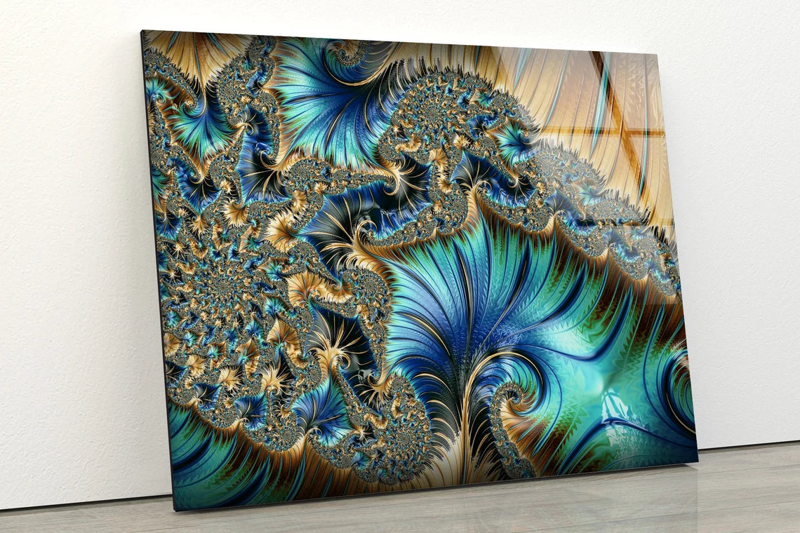 Green Blue & Gold Abstract Fractal Design Acrylic Glass Print Tempered Glass Wall Art 100% Made in Australia Ready to Hang