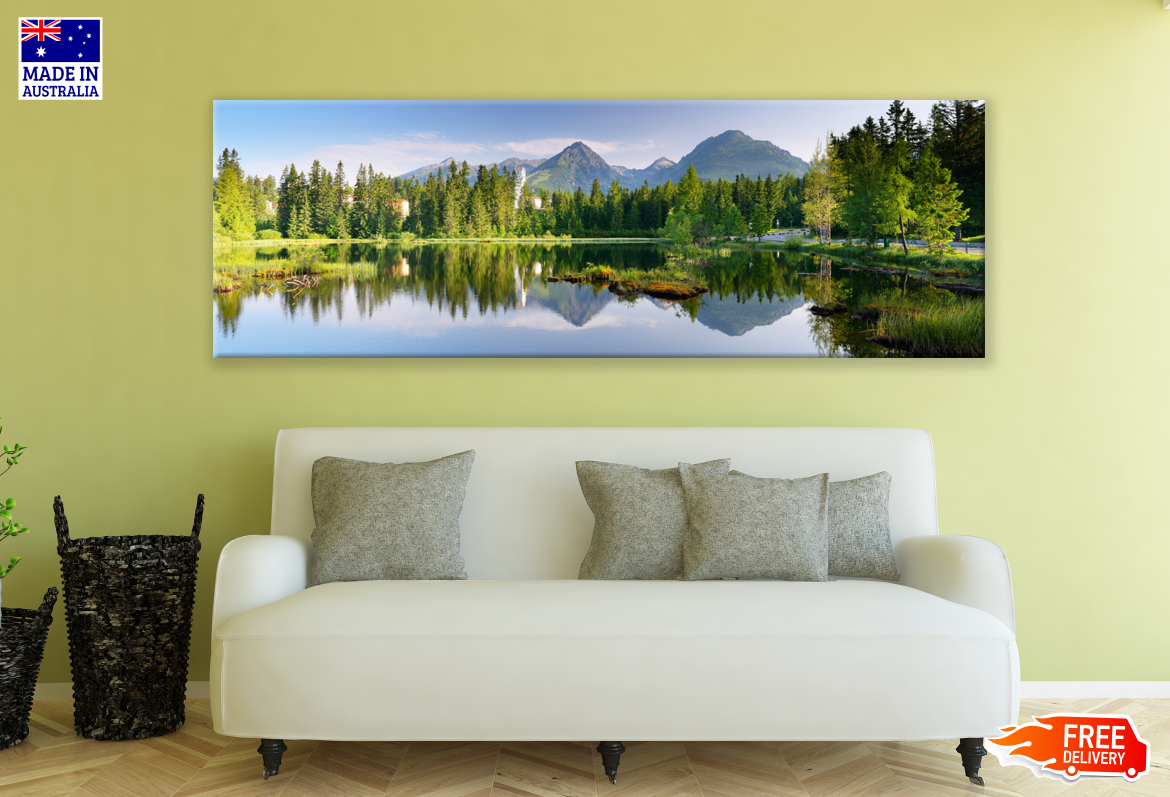 Panoramic Canvas Lake & Mountain View Forest Trees High Quality 100% Australian made wall Canvas Print ready to hang