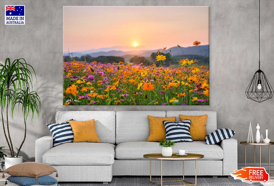 Pink Yellow Flower Garden Sunset View Photograph Print 100% Australian Made