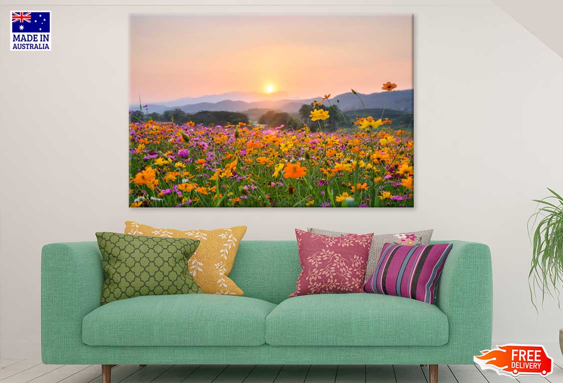 Pink Yellow Flower Garden Sunset View Photograph Print 100% Australian Made