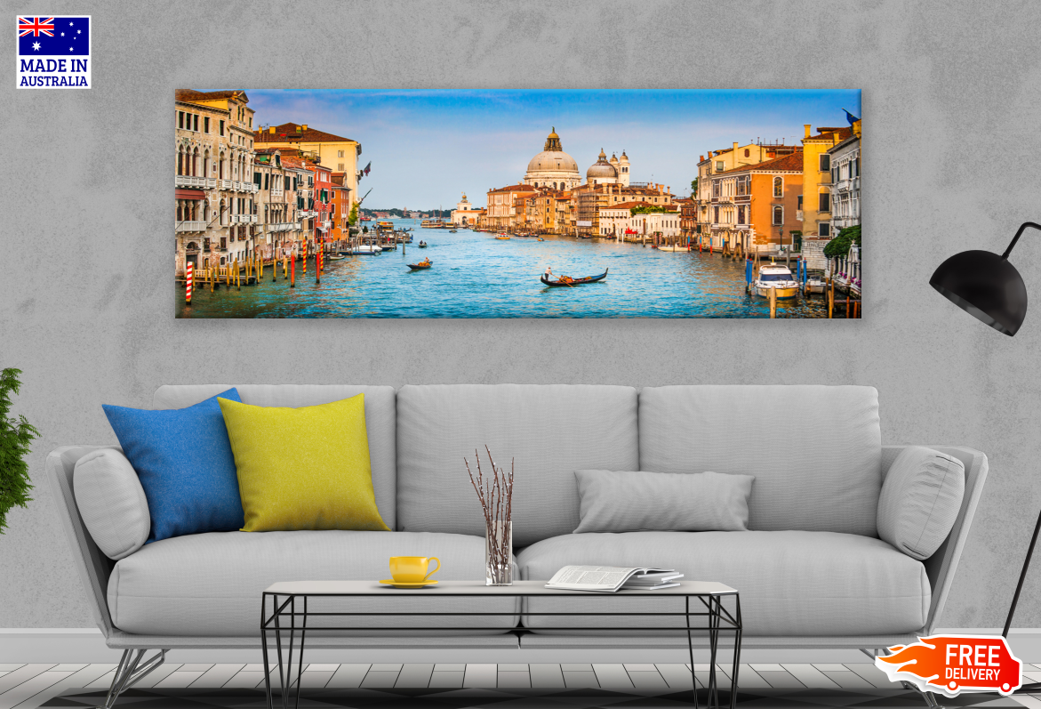 Panoramic Canvas Italy Landscape Boats on Canal High Quality 100% Australian made wall Canvas Print ready to hang