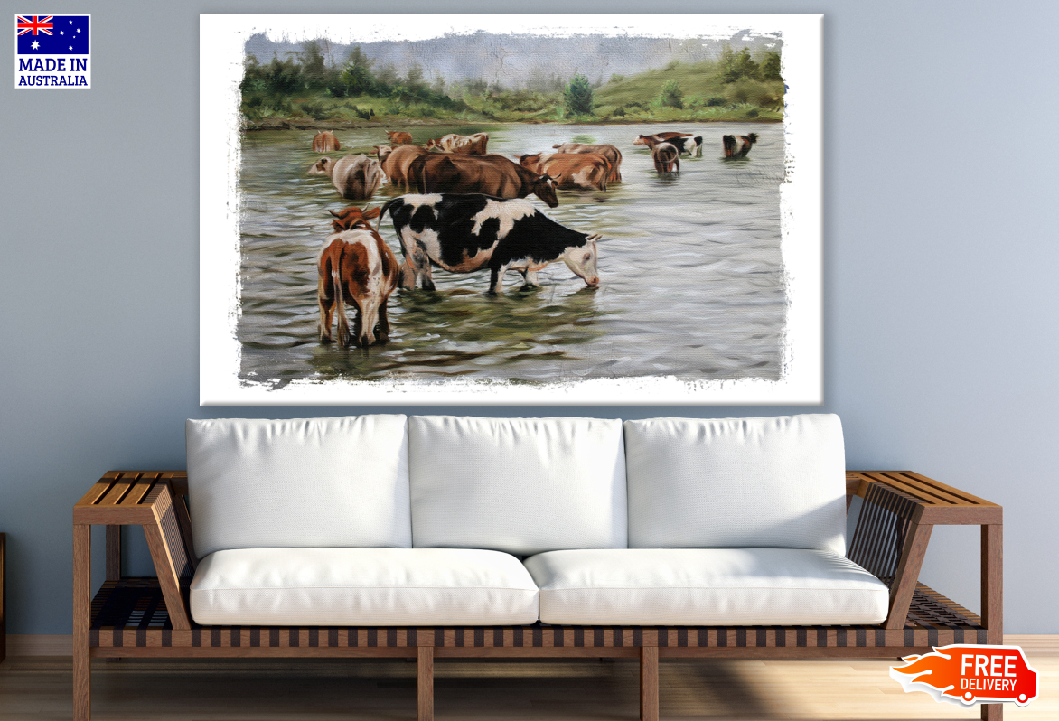 Cows in Water Painting Print 100% Australian Made