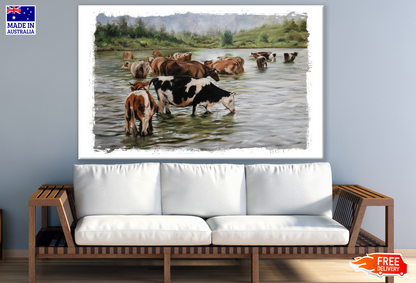 Cows in Water Painting Print 100% Australian Made