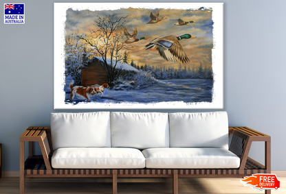 Dogs Running Ducks Flying Winter Painting Print 100% Australian Made