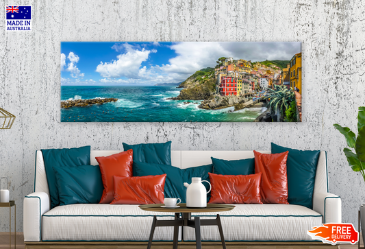 Panoramic Canvas Cinque Terre National Park in Italy Colourful Buildings High Quality 100% Australian made wall Canvas Print ready to hang