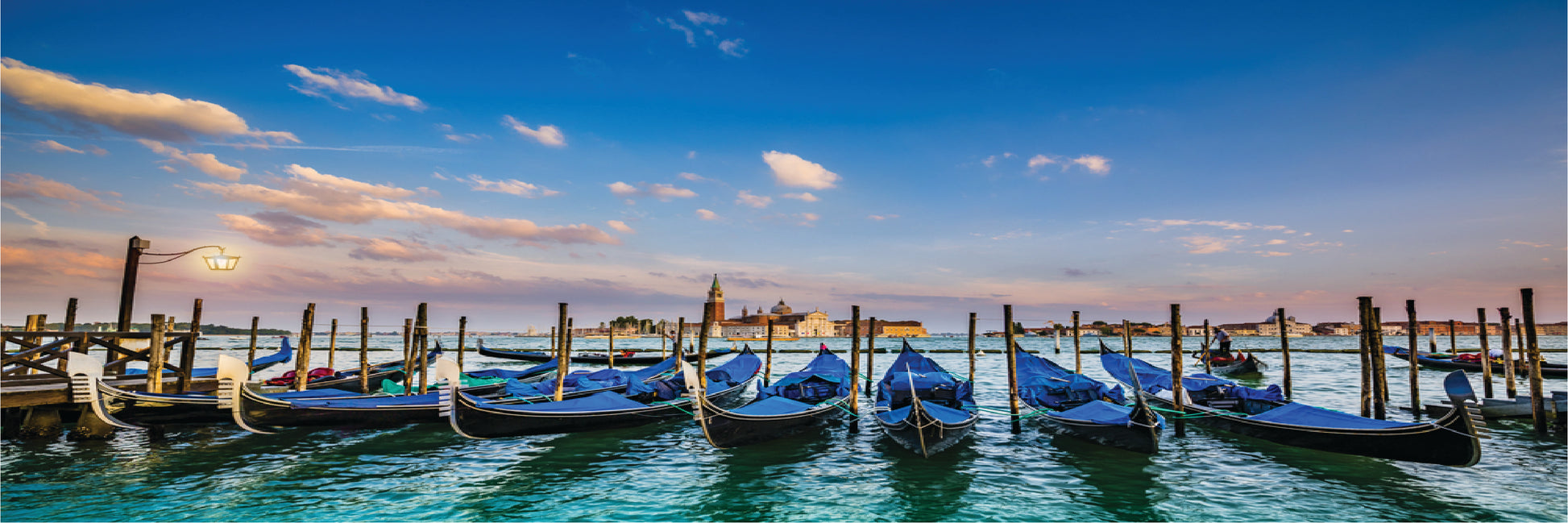 Panoramic Canvas Gondola Boats on Canal with Historic Basilica in Venice, Italy High Quality 100% Australian made wall Canvas Print ready to hang