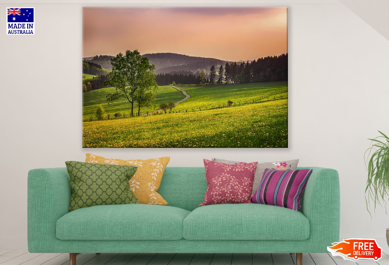 Trees on Flower Field Sunset Photograph Print 100% Australian Made