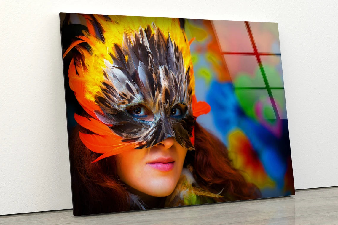 Girl with Feather Mask Photograph Acrylic Glass Print Tempered Glass Wall Art 100% Made in Australia Ready to Hang