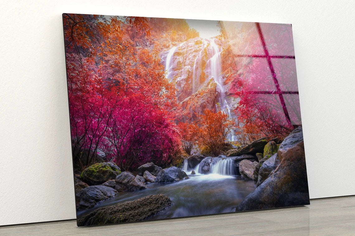 Waterfall in Colorful Forest Photograph Acrylic Glass Print Tempered Glass Wall Art 100% Made in Australia Ready to Hang