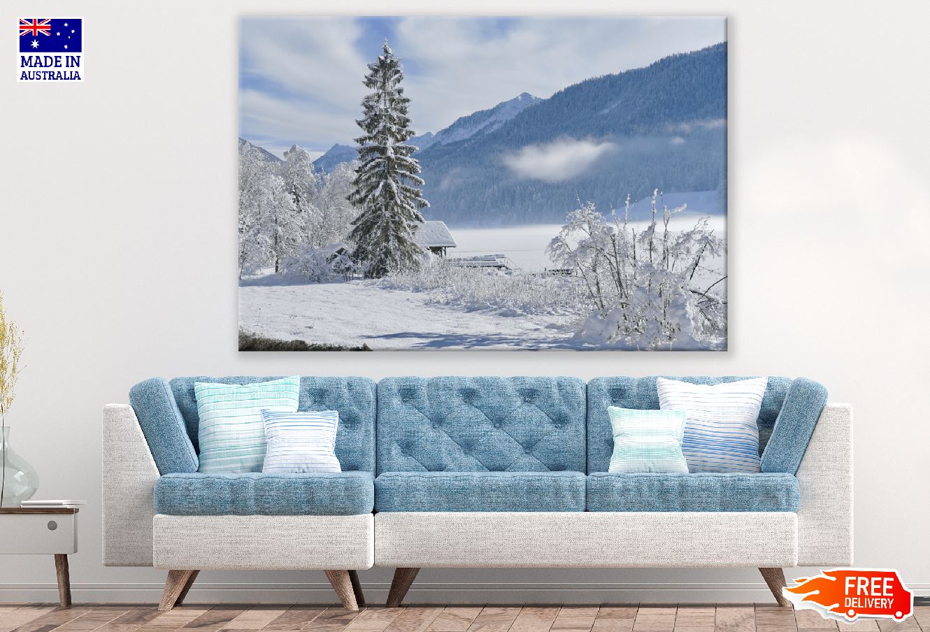 Snow Covered Tree & Mountains Photograph Print 100% Australian Made