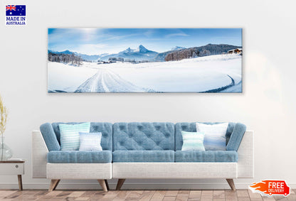 Panoramic Canvas Snow Field with Road View Photograph High Quality 100% Australian Made Wall Canvas Print Ready to Hang