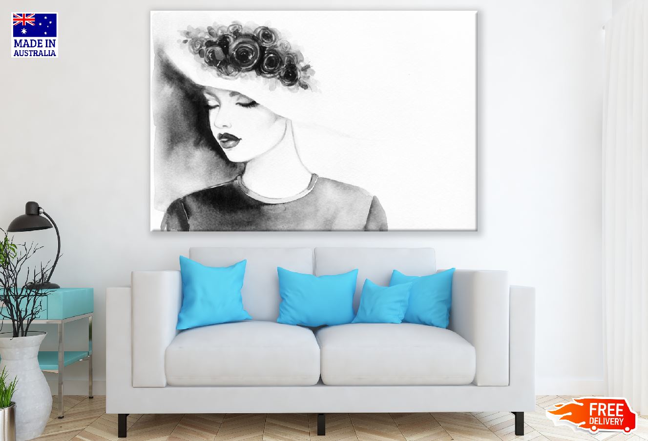 Pretty Girl with Elegant Hat B&W Abstract Watercolor Painting Print 100% Australian Made