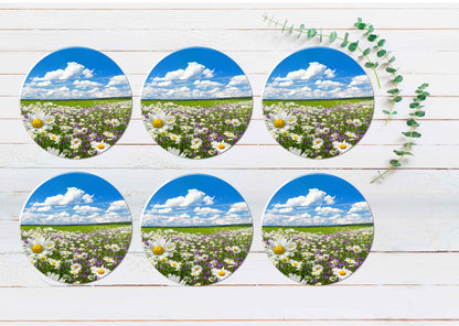 White Chamomile & Purple Bluebells Coasters Wood & Rubber - Set of 6 Coasters