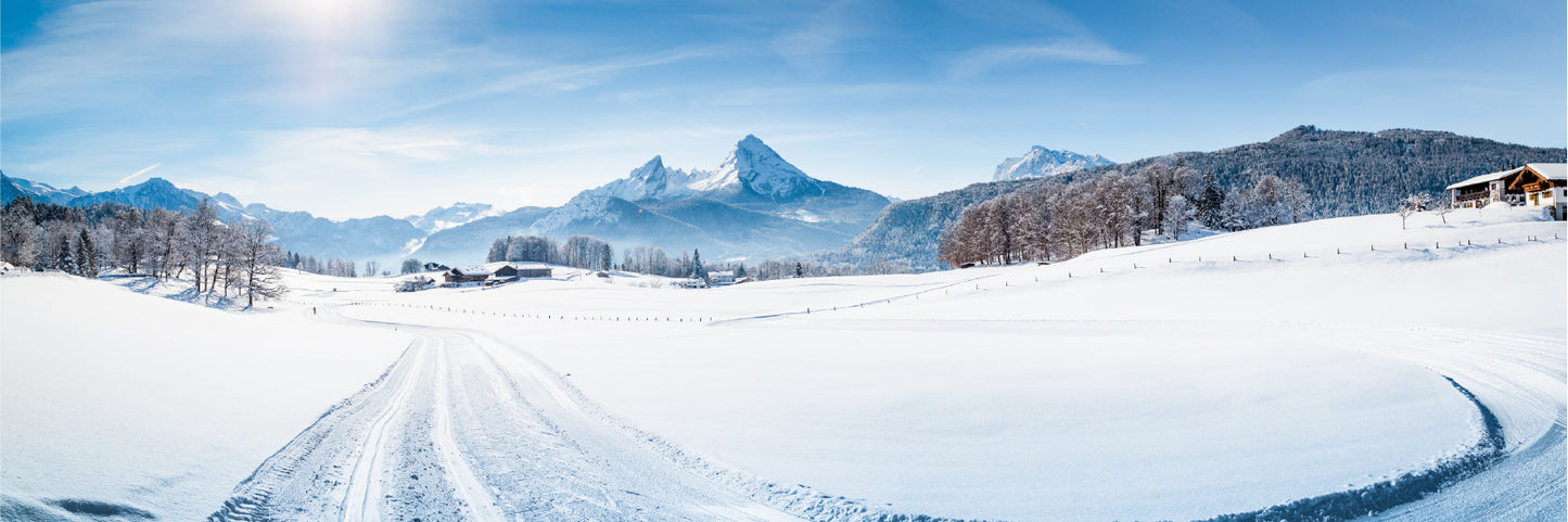 Panoramic Canvas Snow Field with Road View Photograph High Quality 100% Australian Made Wall Canvas Print Ready to Hang