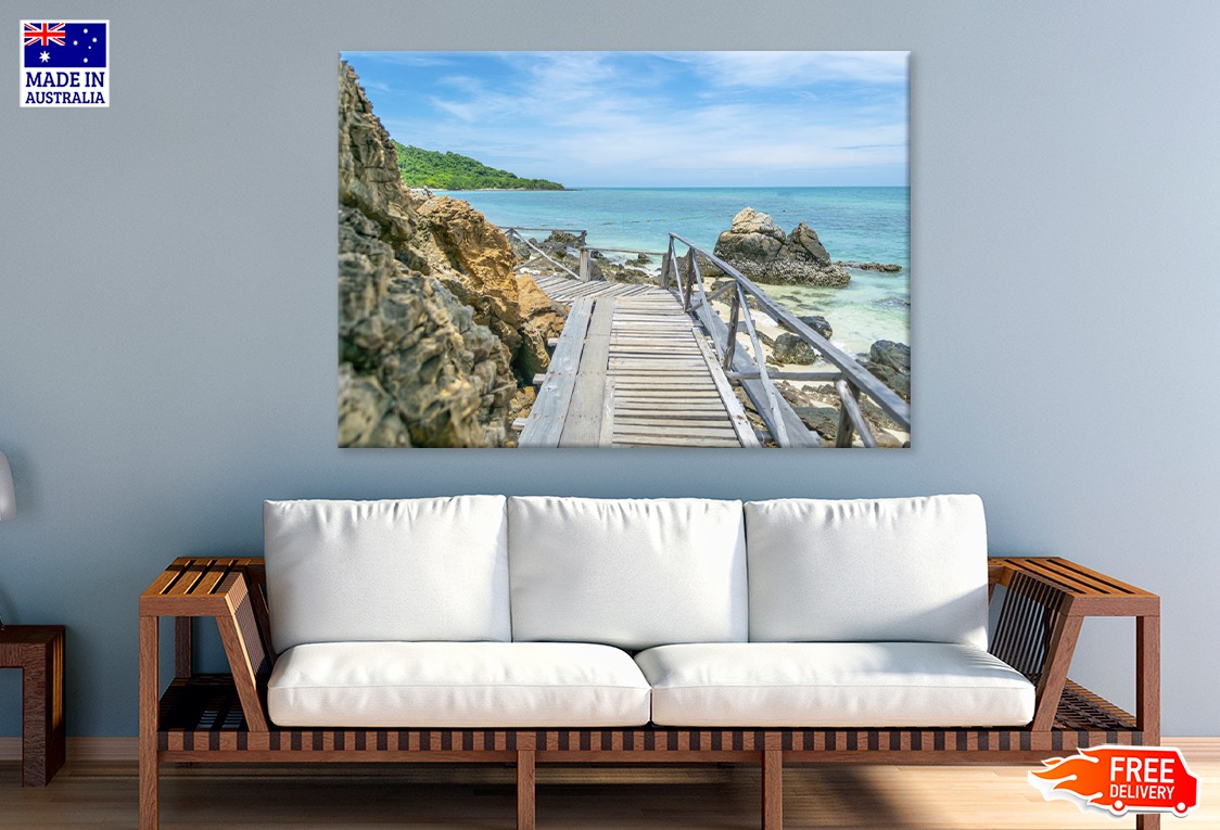 Wooden Pier & Mountain Sea View Photograph Print 100% Australian Made