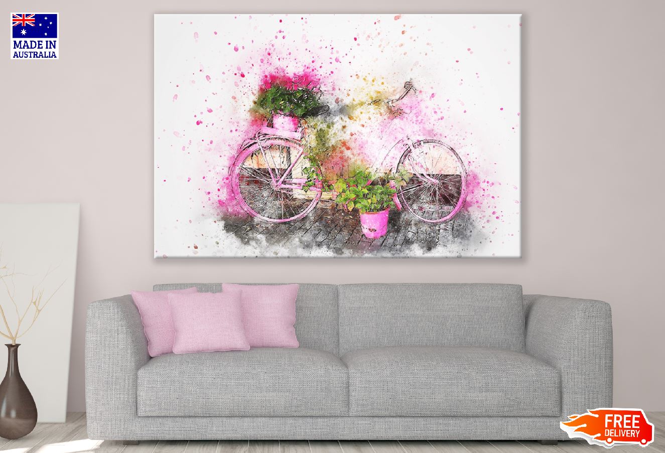 Bisycle with Flower Vase Abstarct Watercolor Painting Print 100% Australian Made