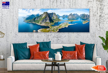 Panoramic Canvas Blue Sea & Mountains Photograph High Quality 100% Australian Made Wall Canvas Print Ready to Hang