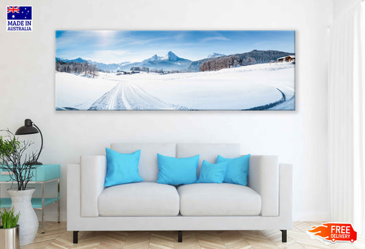 Panoramic Canvas Snow Field with Road View Photograph High Quality 100% Australian Made Wall Canvas Print Ready to Hang