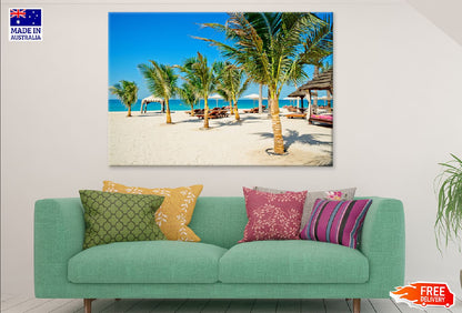 Palm Trees & Sunbeds Near Sea Photograph UAE Print 100% Australian Made
