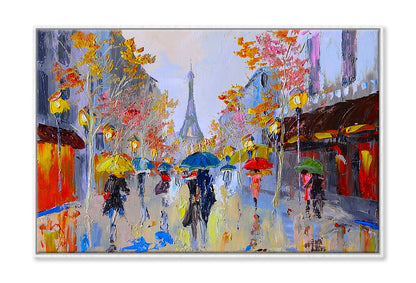 Oil Painting of People in Eiffel Tower Street France Wall Art Limited Edition High Quality Print Canvas Box Framed White