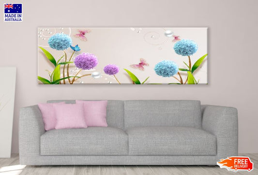 Panoramic Canvas Blue & Pink Flowers with Flying Butterflies Design High Quality 100% Australian Made Wall Canvas Print Ready to Hang