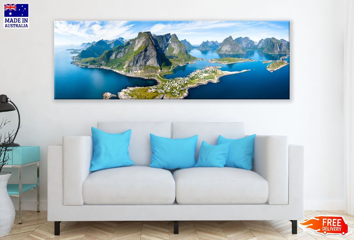 Panoramic Canvas Blue Sea & Mountains Photograph High Quality 100% Australian Made Wall Canvas Print Ready to Hang