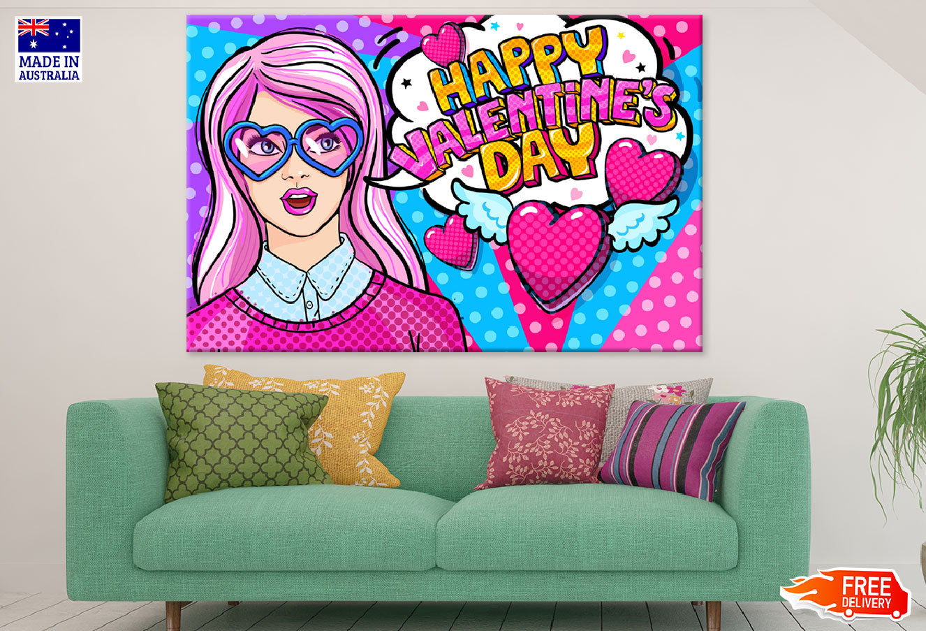 Happy Valentine's Day Quote With Young Girl Wearing Heart Shaped Glasses Illustration Print 100% Australian Made