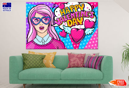 Happy Valentine's Day Quote With Young Girl Wearing Heart Shaped Glasses Illustration Print 100% Australian Made