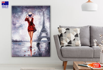 Girl Walking near Eiffel Tower Painting Print 100% Australian Made