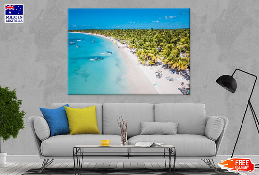 Boats on Sea & Palm Trees Aerial Photograph Print 100% Australian Made