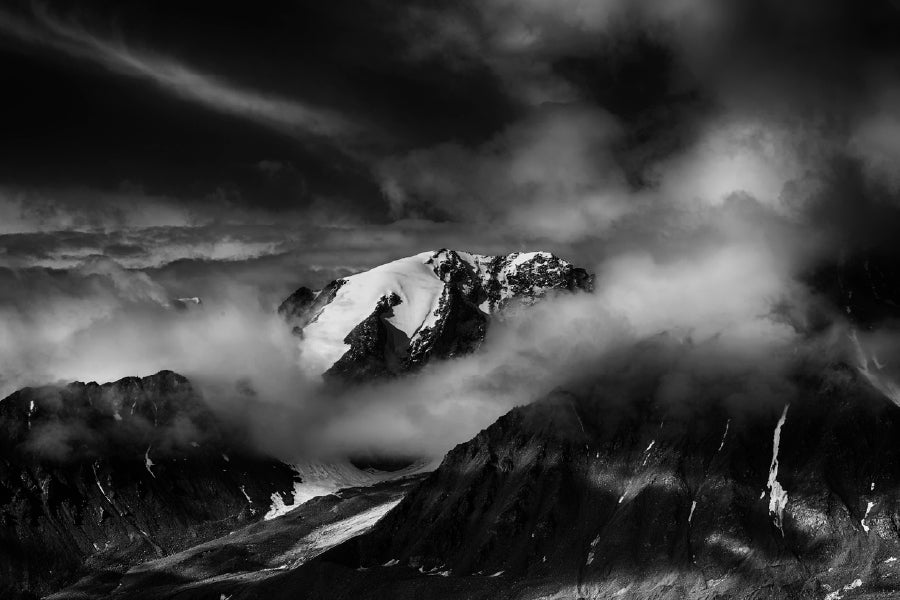 Snowy Mountain with Clouds B&W Photograph Print 100% Australian Made