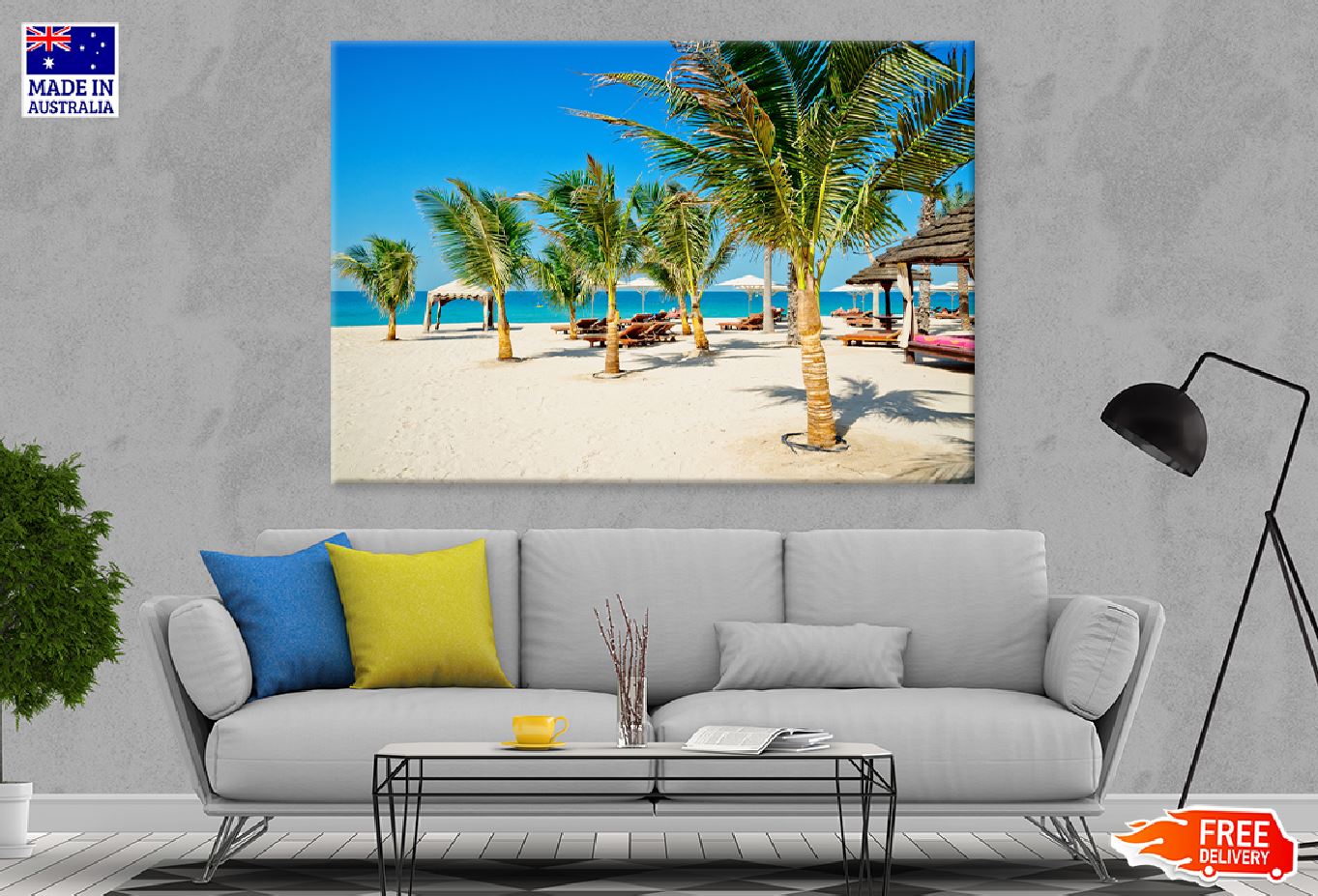 Palm Trees & Sunbeds Near Sea Photograph UAE Print 100% Australian Made